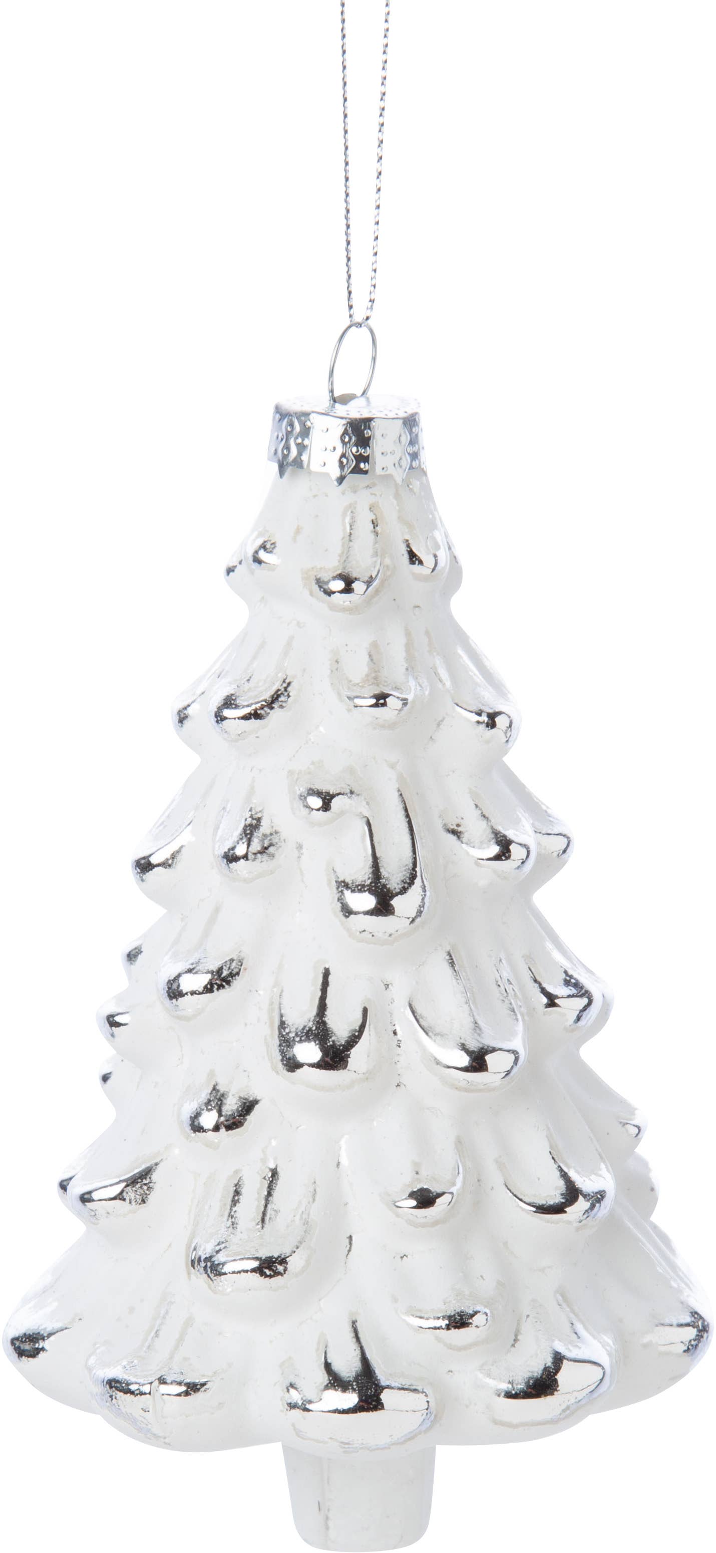 Glass tree ornament,matte white with silver tips