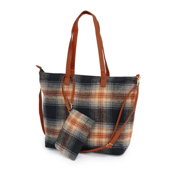 Plaid Flannel Tote Bag with Matching Wristlet Pouch