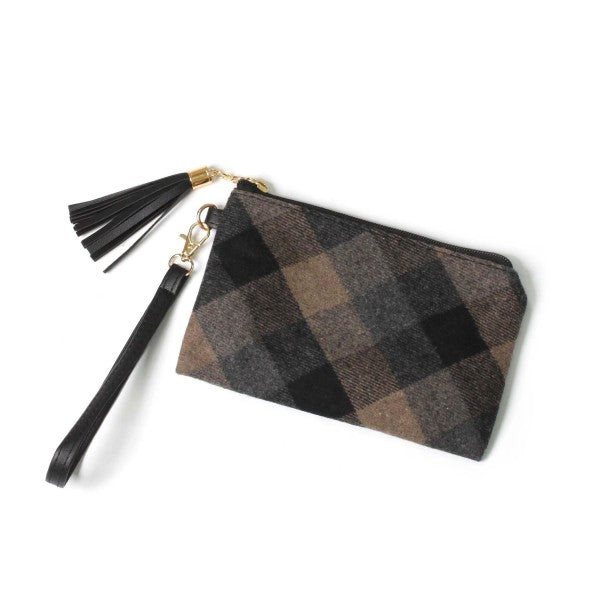 Plaid Wristlet Featuring Faux Leather Tassel