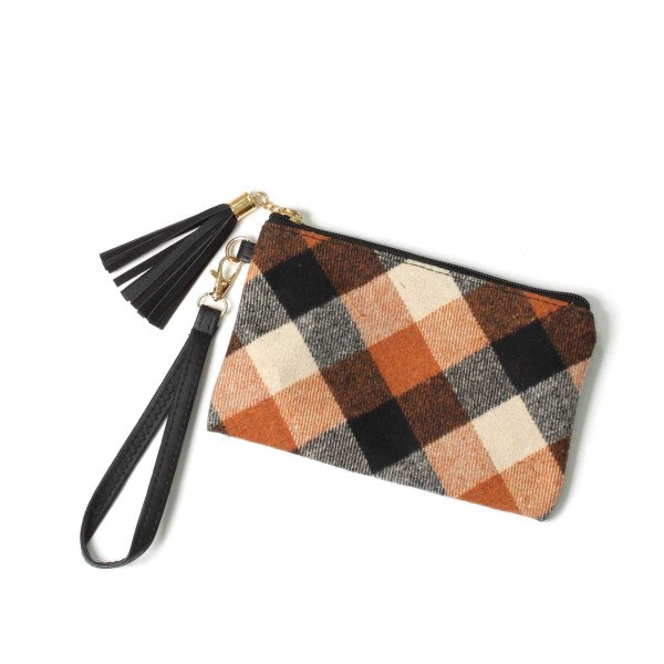 Plaid Wristlet Featuring Faux Leather Tassel