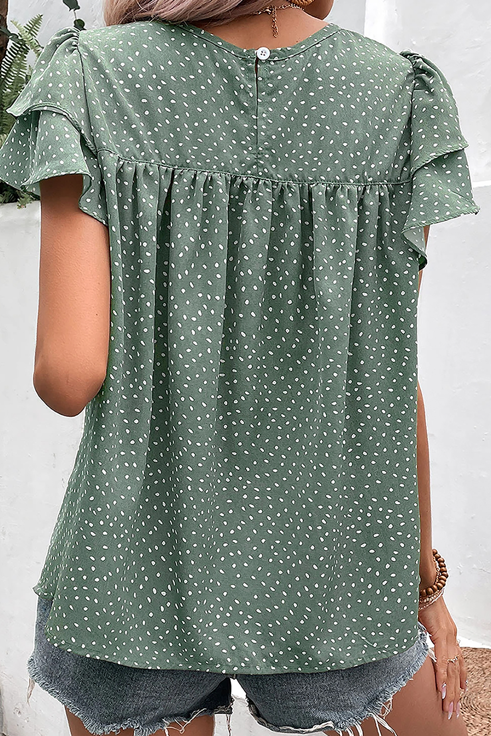 Lovesoft- Laurel Green Dotted Ruffle Sleeve Crew Neck Ruched Blouse: Laurel Green / L / 100%Polyester