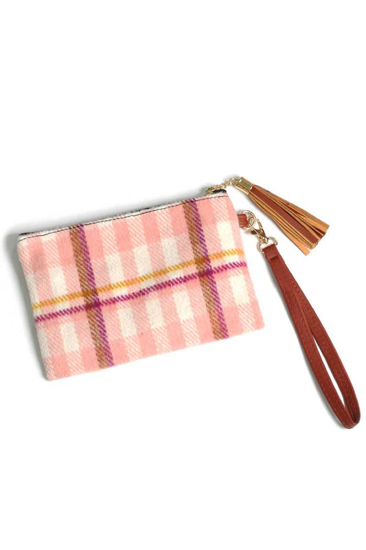 Plaid Pattern Pouch Bag with Wristlet: Pink