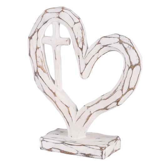 Tabletop Heart With Cross White 7.5H