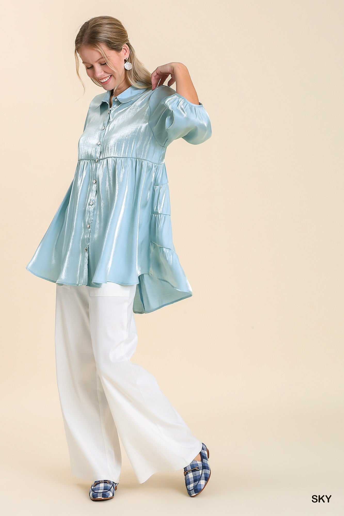 Umgee Satin Button Dress Tiered Tunic Dress