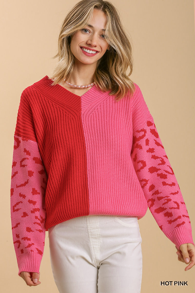 Umgee Two-Toned V-Neck Sweater