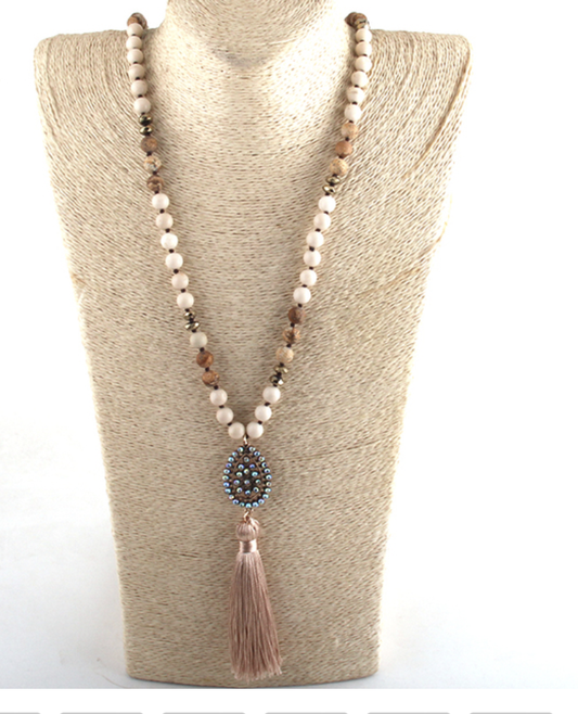 Tassel Beaded necklace with rhinestone charm