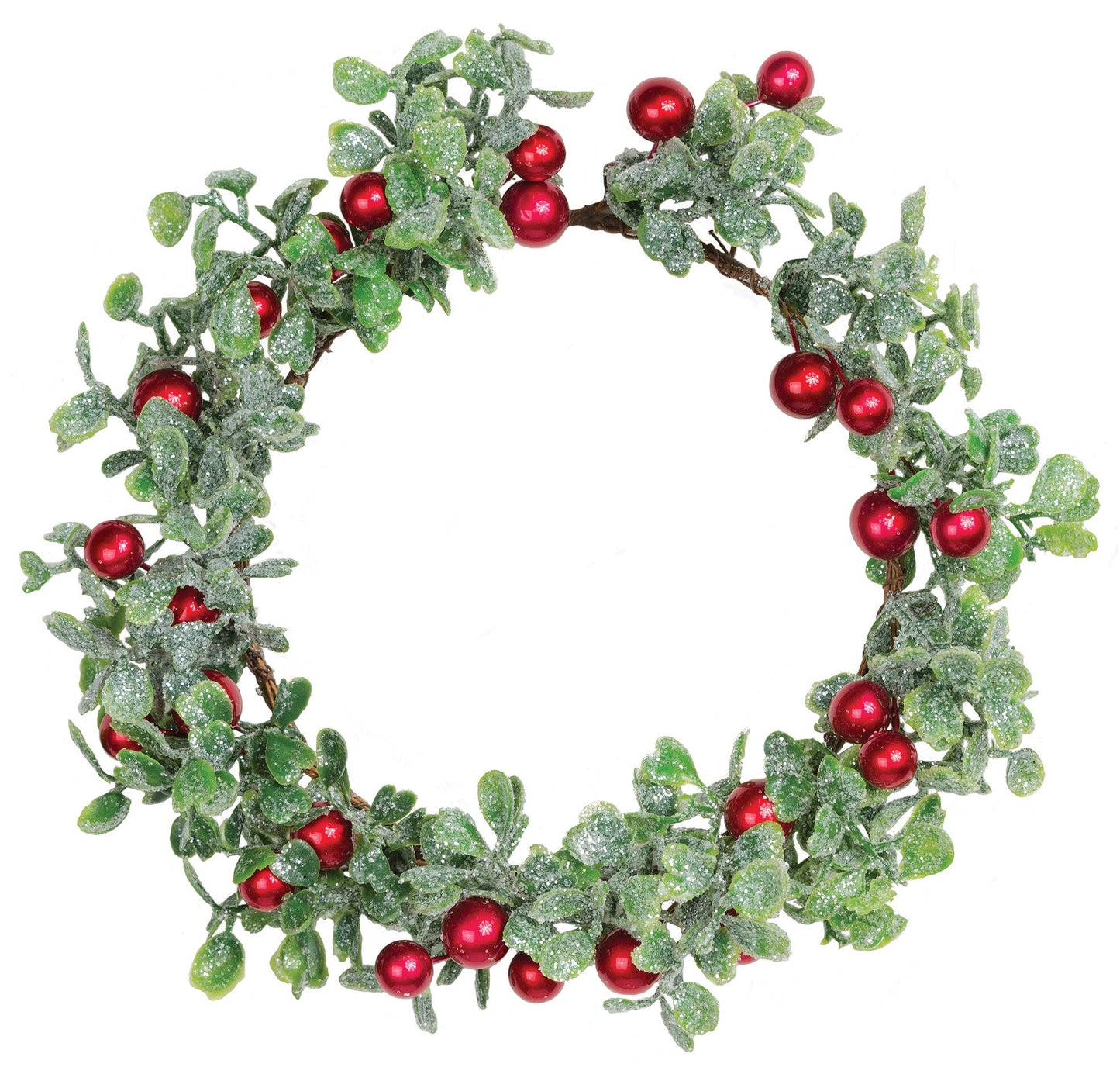 Faux glittered boxwood candle ring w/ red berries