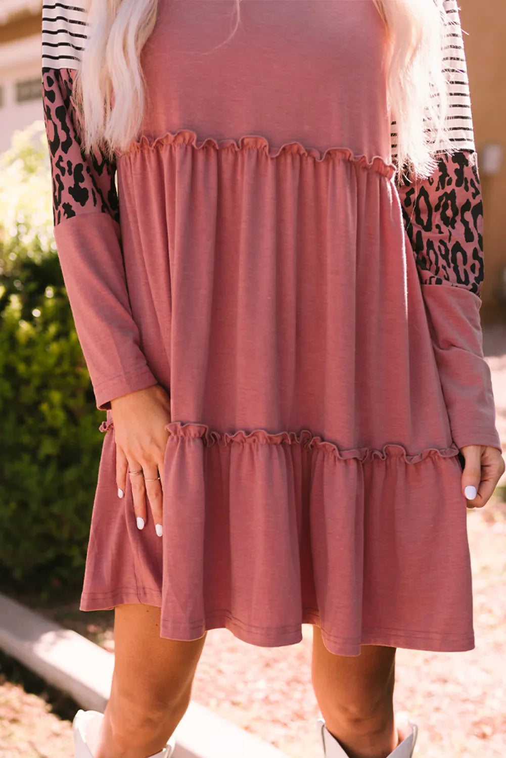 Pink Striped Leopard Patchwork Dress