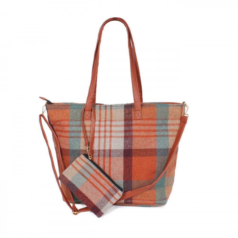 Plaid Flannel Tote Bag with Matching Wristlet Pouch