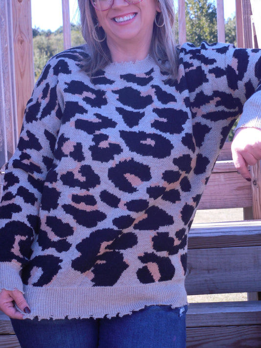 Frayed Edge Leopard Print Sweater